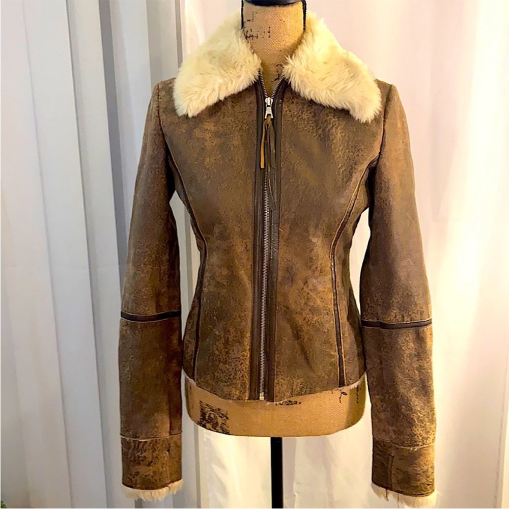 Express Distressed Leather Winter Coat with Fur Trim 4
